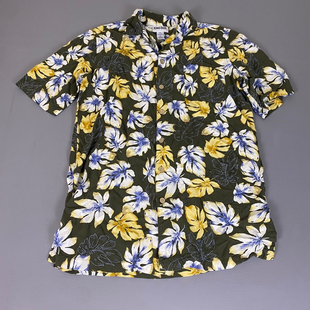 King Size Hawaiian Shirt Men's Large Tall Olive‎ Green Floral Rayon Button Down